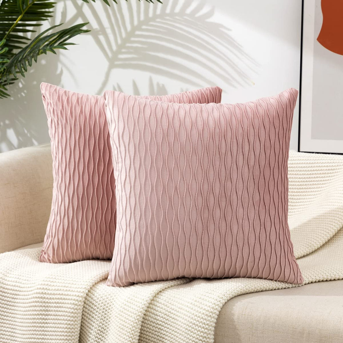 ETASOP Throw Pillows with Inserts Included 18x18 2 Pack Velvet Striped Pillow Covers with Inserts Farmhouse Home Decor (Light Pink)