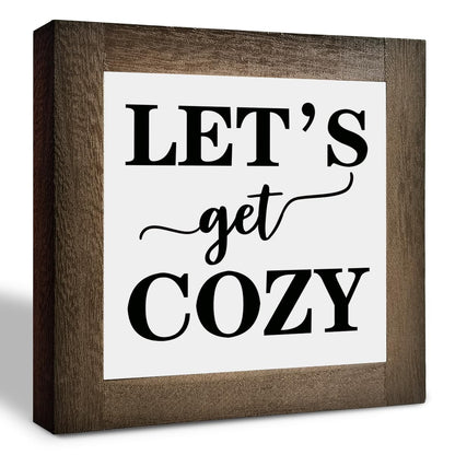 Inspirational Wood Signs Box Wood Plaques Desk Décor Farmhouse Home Decor Sign for Shelf Family Table Decor for Kitchen Bedroom Dining Room Living Room Decor Housewarming Gift Lets Get Cozy E