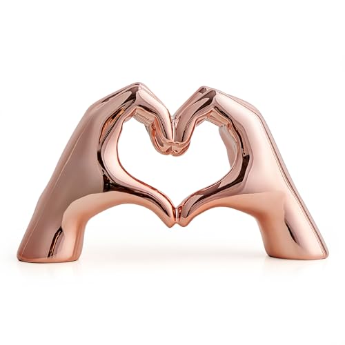 FJS Home Decor Love Heart Hands Statue Rose Gold Heart Room Decor Modern Art Home Decorations for Living Room Bedroom Shelf Coffee Table Centerpiece Gift for Women Wedding