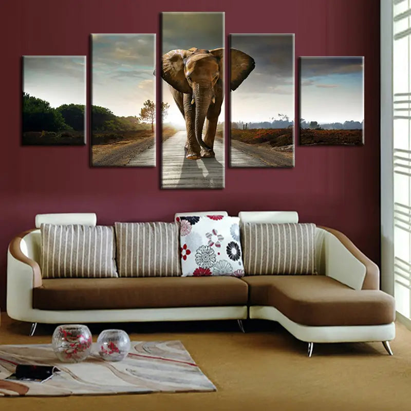 5pcs Unframed HD Canvas Elephant Road Art for Home Decor