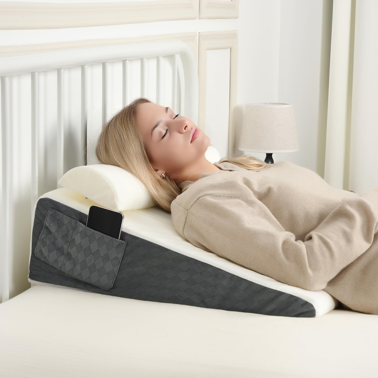 Memeluckon Bed Wedge Pillow for Sleep Apnea 22x22x7 Triangle Wedge Pillow with Neck Pillow for Sleeping Acid Reflux Back Pain Relief Post Surgery GERD Bed Wedge Pillow for Sleep Apnea