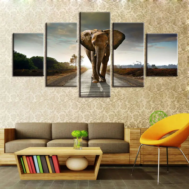 5pcs Unframed HD Canvas Elephant Road Art for Home Decor